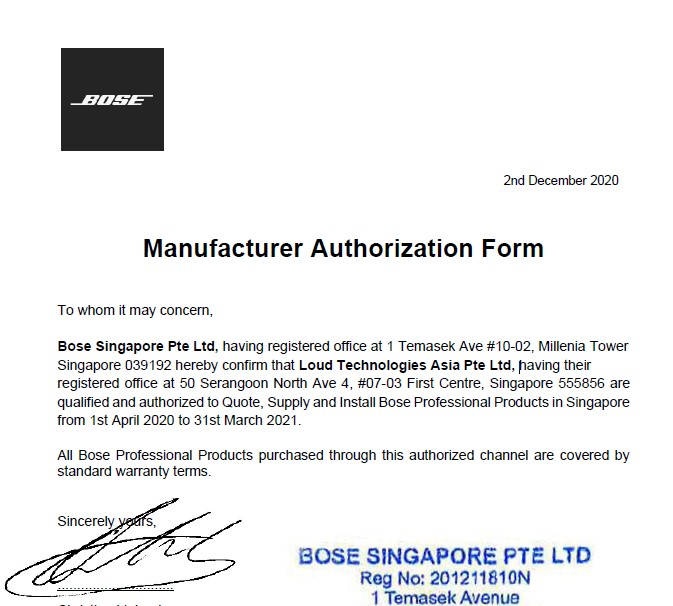 Bose Professional Singapore Authorised Dealer Letter